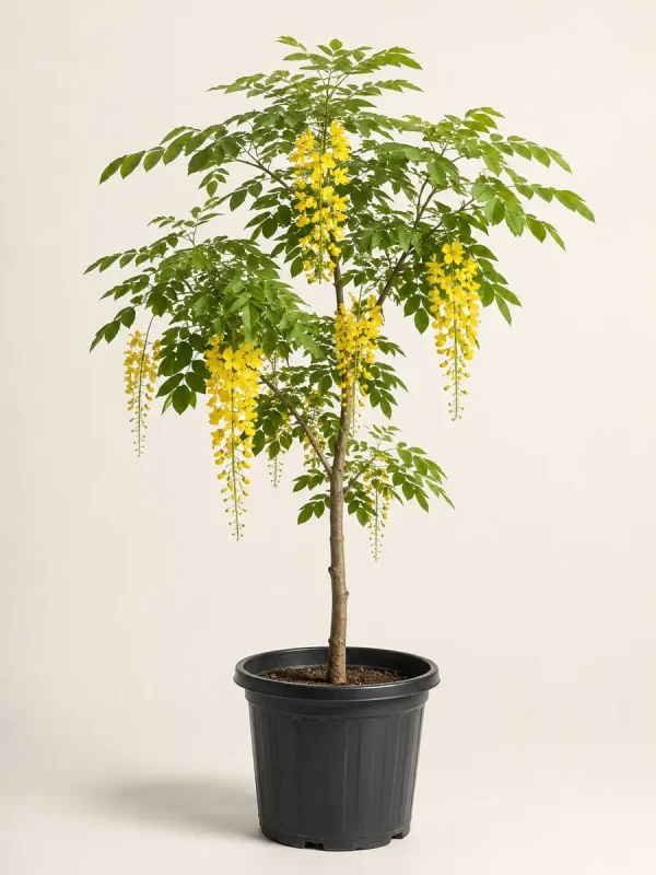 Amaltas Cassia Fistula with golden flowers in black nursery pot