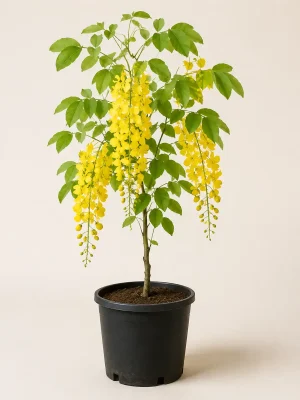 Golden Shower Tree with yellow flowers in black nursery pot